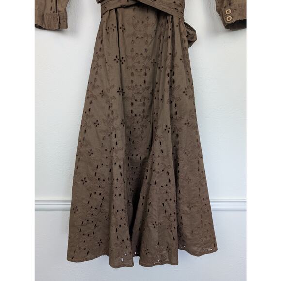 CAbi Midi Dress Floral Eyelet Faux Wrap Shirt Retro Rockabilly Brown Size 8 - Picture 7 of 11